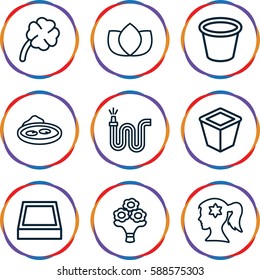 flower icons set. Set of 9 flower outline icons such as lotus, water hose, pot for plants, pond, clover