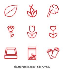 Flower icons set. set of 9 flower outline icons such as leaf, gloves, seed bag, clover, flower, square plant pot, rose, plant