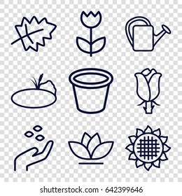 Flower icons set. set of 9 flower outline icons such as leaf, sunflower, hand with seeds, watering can, pot for plants, flower, rose