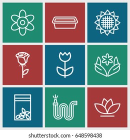 Flower icons set. set of 9 flower outline icons such as sunflower, flower, water hose, pot for plants, seed bag