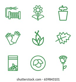 Flower icons set. set of 9 flower outline icons such as leaf, water hose, plant in pot, flower, gloves, seed bag, rose