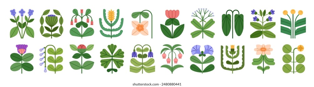 Flower icons set. Abstract floral design elements. Spring and summer blossoms, blooming plant branches, whimsical shapes. Modern botanical flat vector illustrations isolated on white background