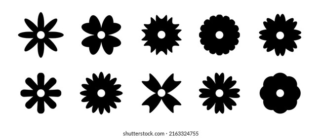 Flower icons set. Black flower silhouette. Glyph pictogram. Black flower icons collection. Stock vector illustration