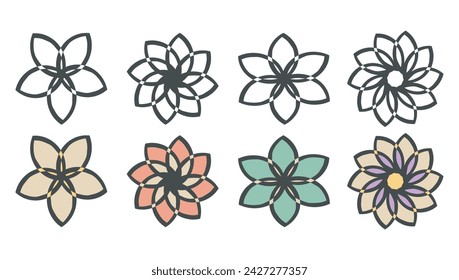 Flower icons set, boho style Logo, black bold line stroke, doodle cartoon style design. Creative floral web decor, outline, colored isolated elements, vector illustration