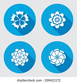 Flower icons set. Chamomile, daisy, chrysanthemum, cornflower. Floral symbol. Round blue flat icon with long shadow. Vector