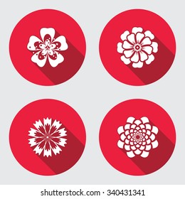 Flower icons set. Chamomile, daisy, chrysanthemum, cornflower. Floral symbol. Round red flat icon with long shadow. Vector