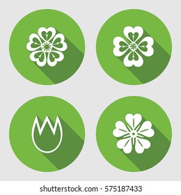 Flower icons set. Chamomile, daisy, tulip. Floral symbols. Round circle flat sign with long shadow. May be used in cuisine. Vector