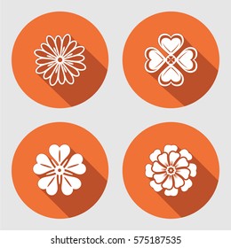 Flower icons set. Chamomile, daisy, lilac. Floral symbols. Round circle flat sign with long shadow. May be used in cuisine. Vector