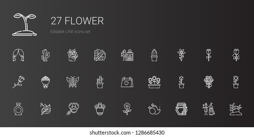 flower icons set. Collection of flower with honey, without, vase, color, leaf, tulip, flowers, wedding day, cactus, butterfly, bouquet, rose. Editable and scalable flower icons.