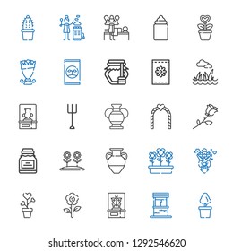 flower icons set. Collection of flower with plant, well, butterfly, bouquet, flowers, vase, conserve, rose, wedding arch, garden, lawn, seeds. Editable and scalable flower icons.