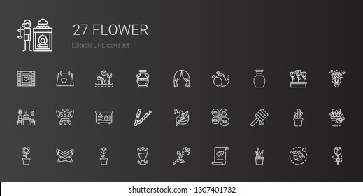 flower icons set. Collection of flower with plant, marriage, rose, bouquet, tulip, butterfly, honey, petals, leaf, decorative, terrarium, korean. Editable and scalable flower icons.