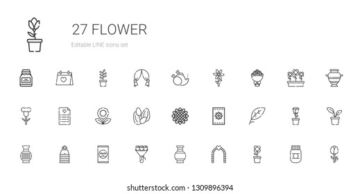 flower icons set. Collection of flower with wedding arch, vase, bouquet, fertilizer, sauna, leaf, seeds, sunflower, wedding planning, without. Editable and scalable flower icons.