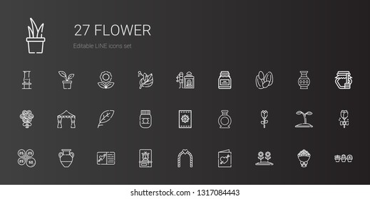 flower icons set. Collection of flower with wedding invitation, wedding arch, butterfly, vase, petals, rose, seeds, honey, leaf, bouquet, conserve. Editable and scalable flower icons.