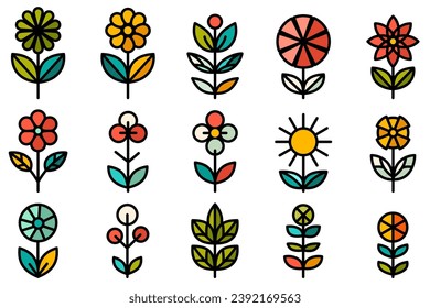 Flower icons set. Colorful flower icons in flat style. Wildflowers and plants. Vector illustration