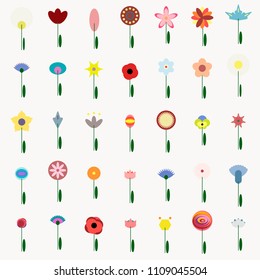 Flower icons set in flat design. Simple various kind flowers for your creative design. Minimalist cute cartoon geometric vector elements in scandinavian style.