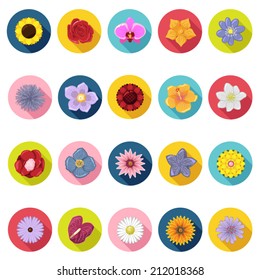 Flower icons set in flat design with long shadow. Illustration EPS10