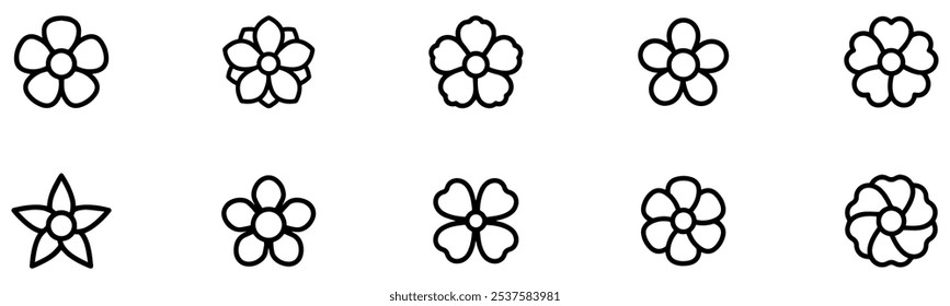 Ícones de flores definidos isolados no plano de fundo branco. Ícone de linha de flor. Ícone simples de flor. Ilustração vetorial. EPS 10