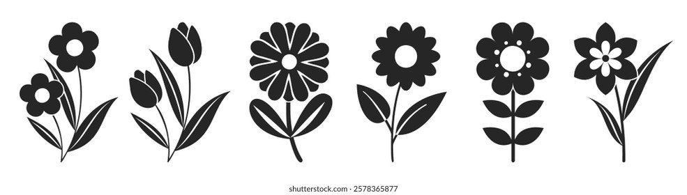 Flower icons set isolated on transparent background. Silhouettes spring flower icon set. Garden plants illustration sign collection. Beautiful symbol.