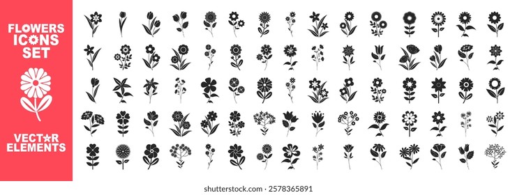 Flower icons set isolated on transparent background. Silhouettes spring flower icon set. Garden plants illustration sign collection. Beautiful symbol.