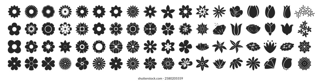 Flower icons set isolated on transparent background. Silhouettes spring flower icon set. Garden plants illustration sign collection. Beautiful symbol.