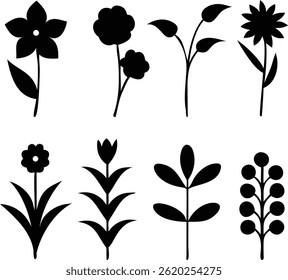 Flower icons set isolated on transparent background. Silhouettes spring flower icon set. Garden plants illustration sign collection. Beautiful symbol. Frangipani and plumeria tropical flower.