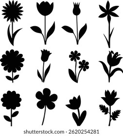 Flower icons set isolated on transparent background. Silhouettes spring flower icon set. Garden plants illustration sign collection. Beautiful symbol. Frangipani and plumeria tropical flower.