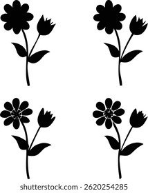 Flower icons set isolated on transparent background. Silhouettes spring flower icon set. Garden plants illustration sign collection. Beautiful symbol. Frangipani and plumeria tropical flower.