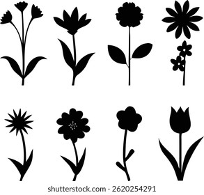 Flower icons set isolated on transparent background. Silhouettes spring flower icon set. Garden plants illustration sign collection. Beautiful symbol. Frangipani and plumeria tropical flower.