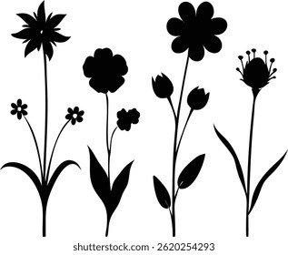 Flower icons set isolated on transparent background. Silhouettes spring flower icon set. Garden plants illustration sign collection. Beautiful symbol. Frangipani and plumeria tropical flower.