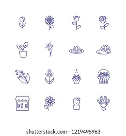 Flower icons. Set of line icons on white background. Flower shop, houseplant, flower basket. Floriculture concept. Vector can be used for topics like plants, botany, gardening