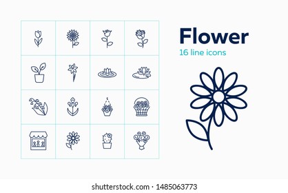 Flower icons. Set of line icons on white background. Flower shop, houseplant, flower basket. Floriculture concept. Vector can be used for topics like plants, botany, gardening