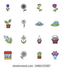 Flower icons. Set of line icons on white background. Flower shop, houseplant, flower basket. Floriculture concept. Vector can be used for topics like plants, botany, gardening