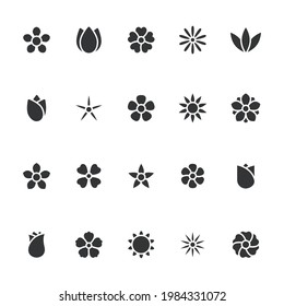 Flower icons set. Trendy black flowers symbols for floral stores and mobile apps. Beautiful plants silhouettes. Vector isolated on white