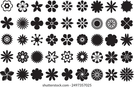 Flower icons. Flower silhouettes. Symbol of floral design. Pattern of daisy, rose and chamomile. Set of cartoon simple graphic shape isolated on white background. Vector.