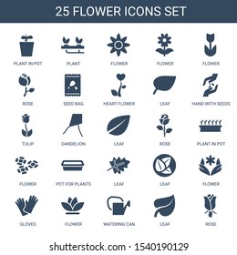 flower icons. Trendy 25 flower icons. Contain icons such as plant in pot, plant, rose, seed bag, heart flower, leaf, hand with seeds, tulip, dandelion. icon for web and mobile.