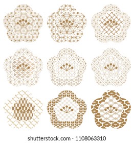 Flower icons vector. Japanese pattern. Gold geometric elements.