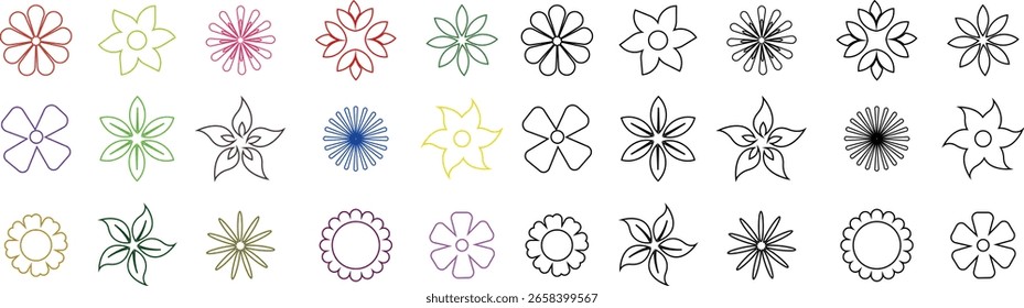 Conjunto de Vector de iconos de flores, Colección y grupo, siluetas florales decorativas, pétalos, flor, estilo botánico de línea mínima, monocromo y colorido Paquete gráfico para Naturaleza, jardín y diseño de primavera