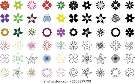 Conjunto de Vector de iconos de flores Colección y grupo, siluetas florales decorativas Pétalos en flor, estilo botánico minimalista de línea plana monocromo y Paquete gráfico colorido para jardín de Naturaleza y diseño de primavera