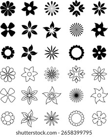 Flower Icons Vector Set Collection and Group, Decorative Floral Silhouettes Petals Blossom, Botanical Minimal Flat Line Style Monochrome and Colorful Graphic Bundle for Nature Garden and Spring Design