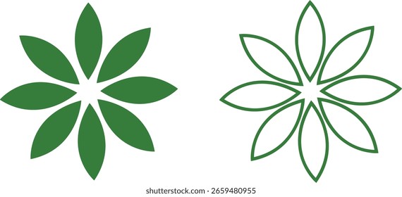 Ícones de flor Conjunto de vetor, Coleção e grupo, decorativo Floral Silhuetas Pétalas Blossom Botânico Mínimo Estilo de Linha Plana Monocromático e Colorido Pacote Gráfico para Jardim Natureza e Design de primavera
