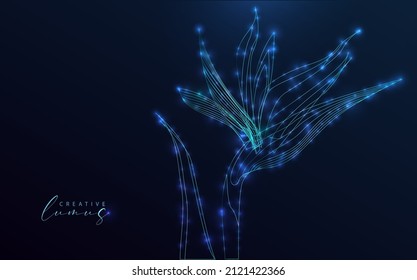 Flower illuminated with stars and lines. Bird of paradise, neon effect, starry in the universe. Nature model: futuristic, big data, ai.