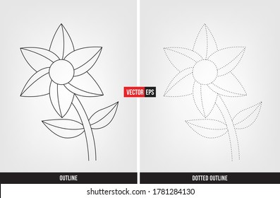 Flower illustration color and trace, tracing worksheet for preschool and kindergarten vector