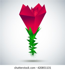 Flower illustration with geometric lines. Origami red flower with pollen effect. Vector