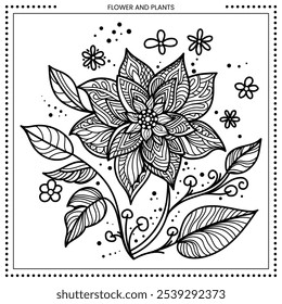 Ilustración de flores. Alto detalle del dibujo de línea. Blanco y negro. Ajuste para colorear, cubierta, fondo, elemento, cartel, Anuncio, tatuaje, pintura de la pared. Vector Eps 10.