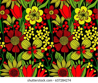 Flower illustration seamless red and yellow outline pattern. Design for textile, wallpaper, scrapbook paper, card, banners, wrapping paper, graphic prints, decorations.