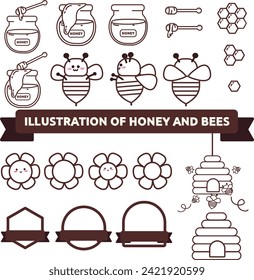 A flower illustration set of bees, honey, and honey