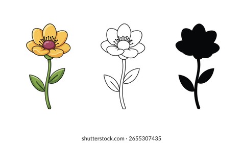 Conjunto de ilustración de flores con estilos de color, línea y silueta – EPS 10