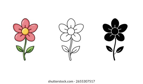 Flower Illustration Set with Colored, Line Art, and Silhouette Styles – EPS 10