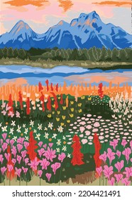 Mapa de vectores de la Ilustración de Flores Montaña Natural
