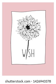 Flower illustration with "WISH" slogan. For fashion and graphic design elements.